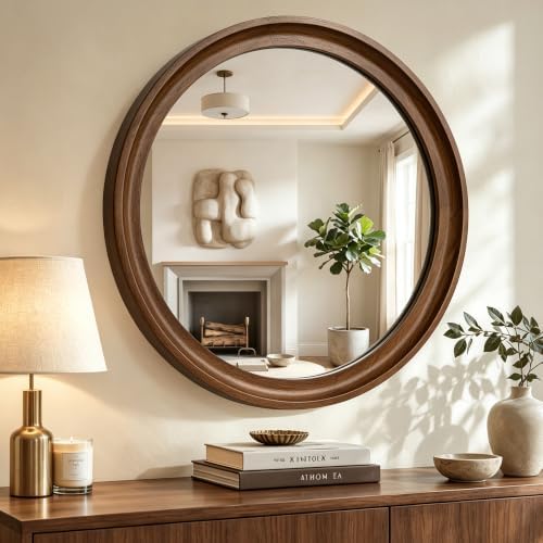 Round Wood Mirror, Walnut Brown by LawadaMirror