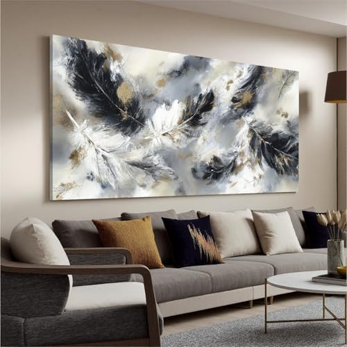 YISXINOAG Black White Abstract Wall Art Modern Feather Painting 20"X40" by YISXINOAG