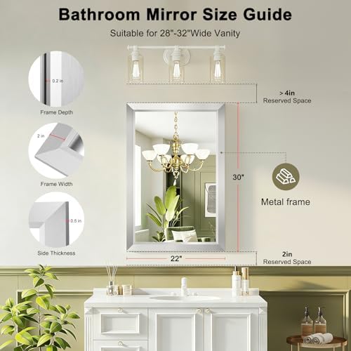 Bathroom Mirror for Over Sink, 22x30Inch Silver Thick Anti-Rust Metal Frame - Image 2