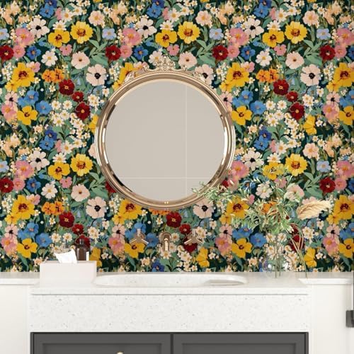 BOKEBEVE Floral Wallpaper Peel and Stick Boho Green Yellow 17.5 x 393.5In - Image 4