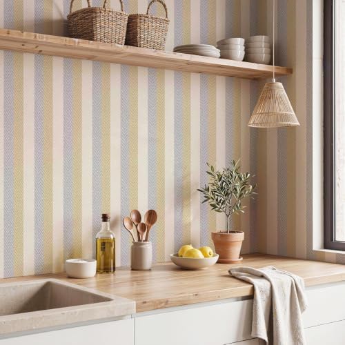 Stripes Textured Peel and Stick Wallpaper 17.3"x120" Beige Yellow Blue - Image 5