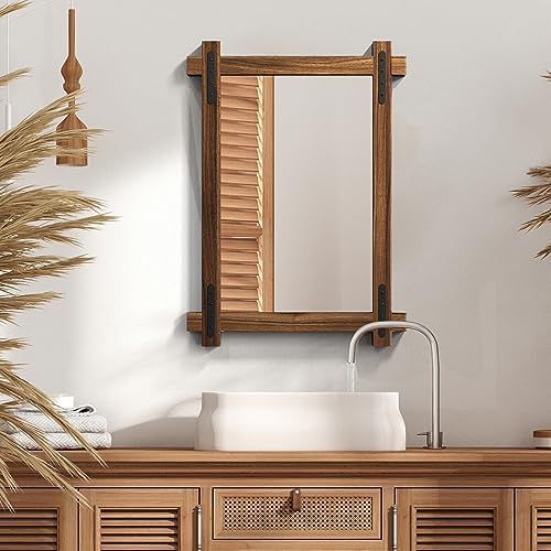 YOSHOOT Farmhouse Wood Bathroom Mirror, Round Corner Vanity Mirror - Image 5