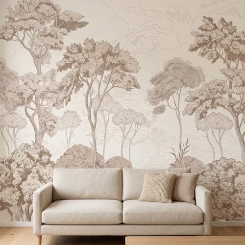 Toolhom-Beige Forest Peel and Stick Wallpaper Woodland Landscape by Toolhom