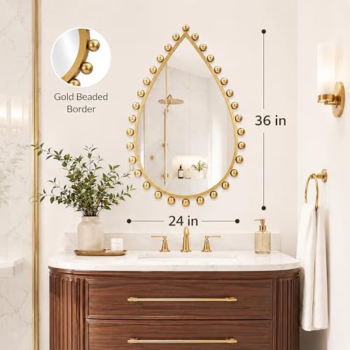 24x36 inch Teardrop Wall Mirror, Antique Gold Beaded Ball Frame - Image 5