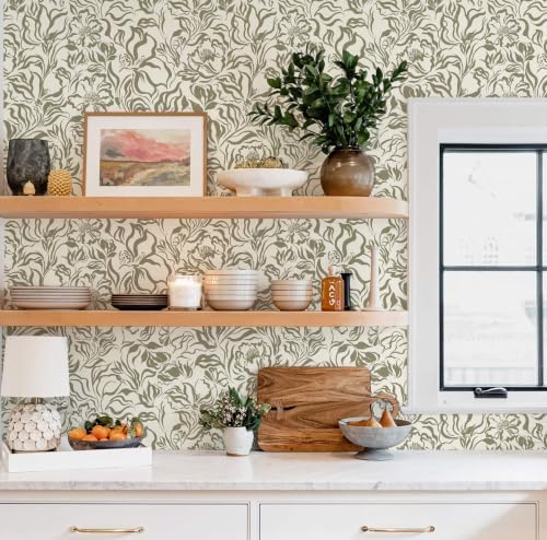 Ismoon Vintage Floral Wallpaper Peel and Stick Beige and Green Contact Paper - Image 3