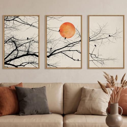 Large Vintage Tree Branch Framed Canvas Wall Art Set-24"x36"x3 by Celestdeco