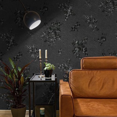 Black Peel and Stick Wallpaper Silk Embossed Floral 118in17.7in - Image 5