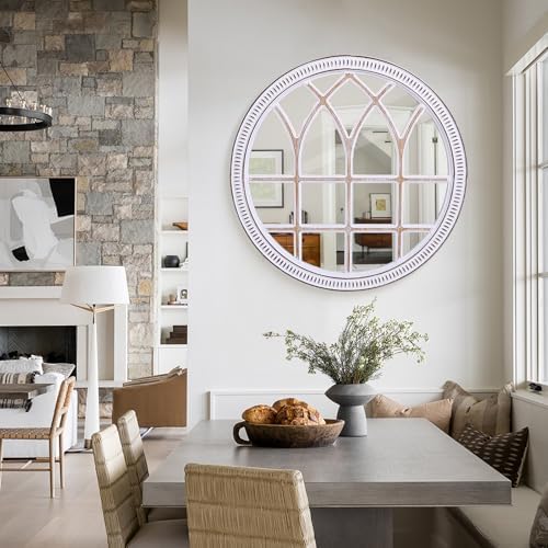 Rustic Farmhouse Round Window Mirror, 36 Inch Wood Frame Wall Mirrors - Image 6