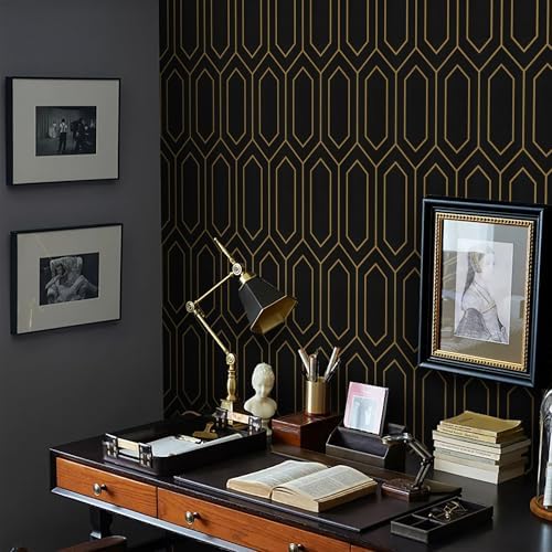 Safiyya 196"x17.3" Gold and Black Peel and Stick Wallpaper Geometric Contact - Image 4