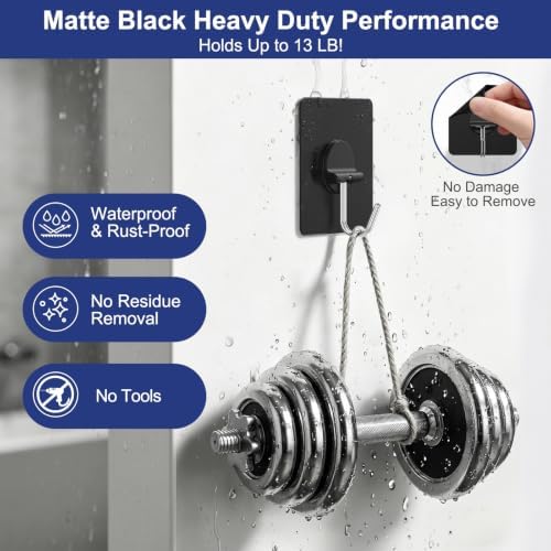 Adhesive Wall Hooks No Drill Black Heavy Duty, 13LB Sticky 12 Pack - Image 2