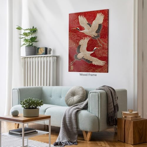 Retro Japanese Canvas Wall Art Funny Oriental Crane Posters Red And Gold Bird - Image 5