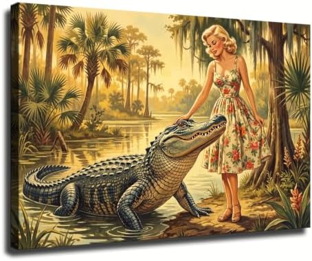 Retro Swamp Alligator Canvas Wall Art by Unknown