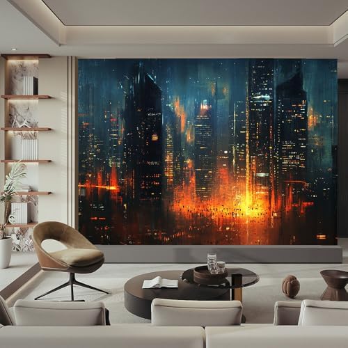 Teal Orange 3D Wall Mural Wallpaper Neon City At Night Cyberpunk Dramatic Style - Image 2