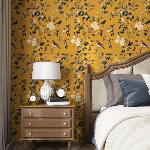 Laatse Vintage Yellow Floral Bird Wallpaper Peel and Stick 17.5"x118" - Image 6