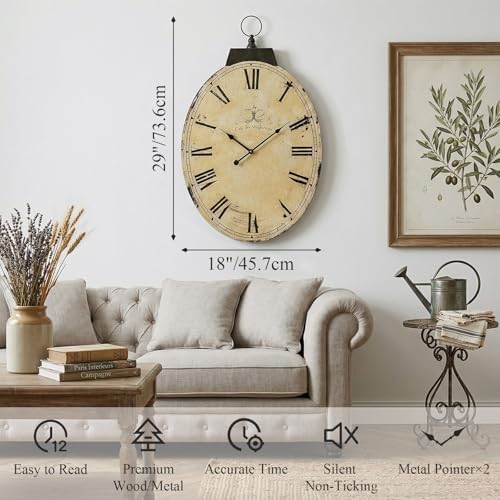 29 Inch Vintage Yellow Oval Wall Clock, Silent Non-Ticking Quartz Battery - Image 2