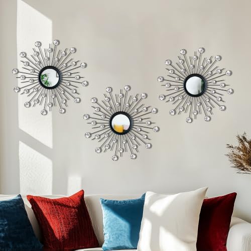 Uaussi 3 Pack Crystal Sunburst Wall Mirror Décor Rhinestone Mirrors Decorative - Image 2