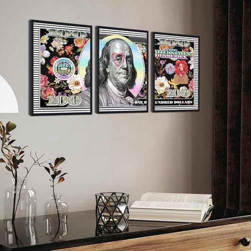 Black Framed Wall Art Canvas Money 100 Dollar Flowers Painting 3 Panels - Image 4