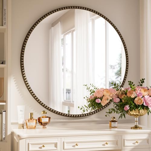 32'' Round Mirror, Beaded Circle Decorative Wall Mirror by Unknown