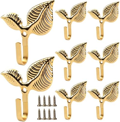 Set of 8 Vintage Leaf Wall Hooks Golden Metal Coat Hooks Heavy Duty Decorative by Unknown