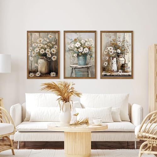 DUWQU Triptych Rustic Farmhouse Daisy Framed Canvas Wall Art 20x30 inch x3 - Image 4