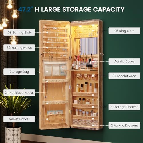HNEBC Full Length Mirror with Storage, Wall Mounted Jewelry Cabinet with RGB - Image 3