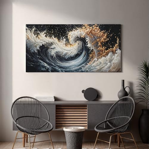 YISXINOAG Blue Gold Ocean Wall Art Coastal Abstract Painting Canvas 24"X48" - Image 5