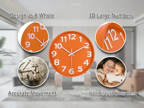 45MinST 12-Inch Modern Indoor Outdoor Wall Clock, Minimalist Orange Design - Image 6