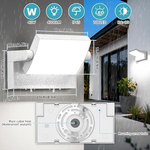 40W Outdoor LED Sconce 350° Rotatable Panel 6000K IP65 Waterproof - Image 2