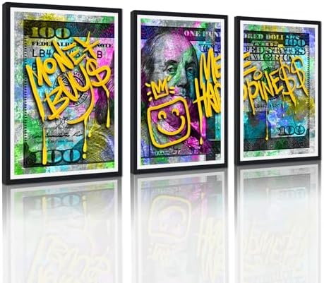 Black Framed Canvas Wall Art 100 Dollar Money Buy Me Happiness Painting 3 Panels by YatsenBridge