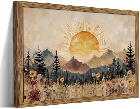 Framed Vintage Sunrise Mountain Landscape Wall Art, Retro Wildflower Nature by FSYSART