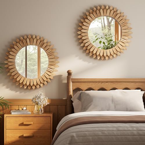 24" Round Sunburst Wooden Mirror Boho Rustic Wall Decor - Image 6