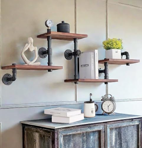 Industrial Rustic Modern Solid Wood Ladder Pipe Wall Mounted Floating Shelves – by BIXIRAODesignHomeForYou