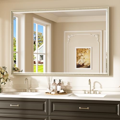 Keonjinn 55" x 36" Brushed Nickel Bathroom Vanity Mirror, HD Tempered Glass by Keonjinn