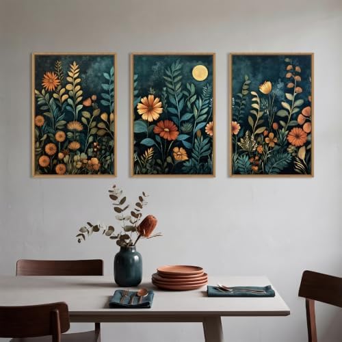 Moody Blue Floral Botanical Framed Canvas Wall Art Set-24"x36"x3 - Image 3