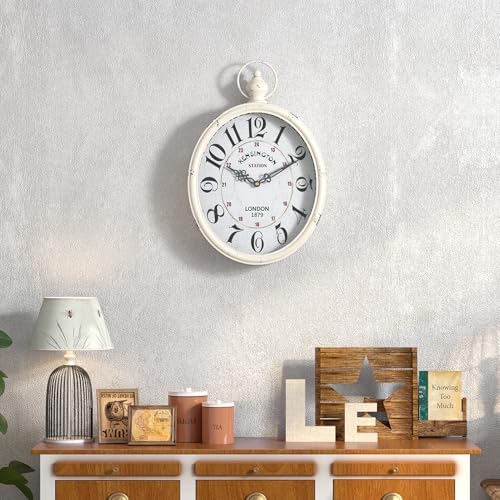 Menterry Large Oval Retro Wall Clock, Rustic Vintage Style, Antique White - Image 4