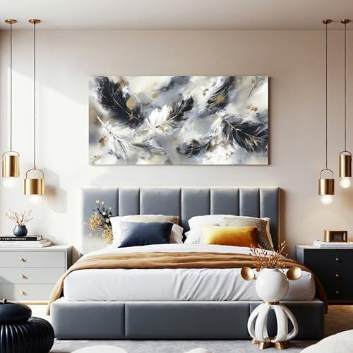 YISXINOAG Black White Abstract Wall Art Modern Feather Painting 20"X40" - Image 3