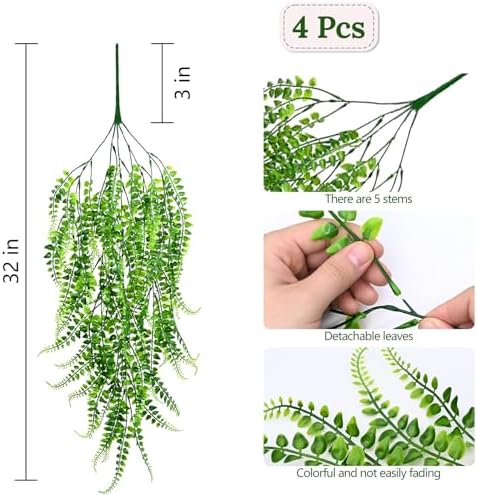 Waipfaru 4Pcs Fake Ferns Fake Hanging Plants Artificial Ferns Vine Greenery - Image 4