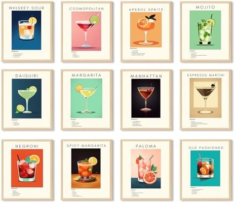 Retro Cocktail Poster Bar Wall Art, Classic Cocktail Wall Decor Set of 12 by Unknown