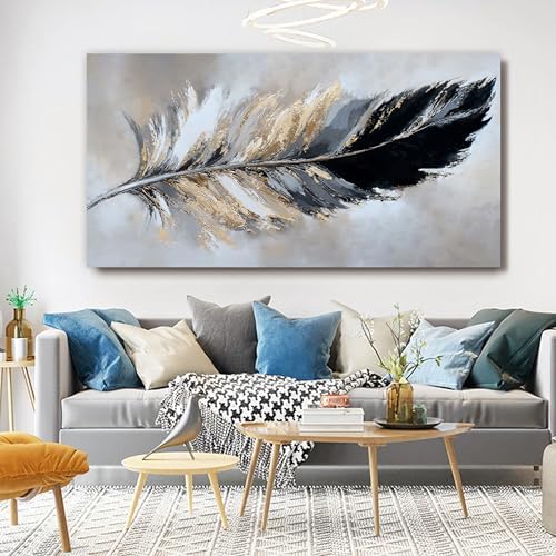YISXINOAG Black Gold Abstract Wall Art Minimalist Feather Canvas 29"X58" - Image 2