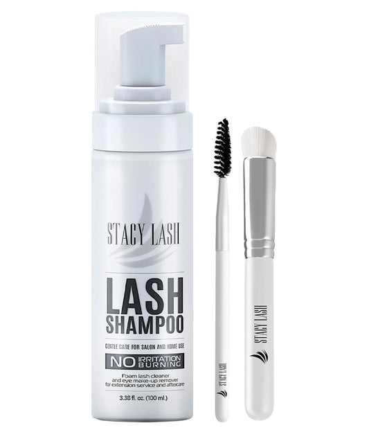 STACY LASH Eyelash Extension Shampoo + Brush / 3.38 fl.oz / 100ml / Eyelid Foaming Cleanser/Wash for Extensions & Natural Lashes/Safe Makeup Remover/Supplies for Professional & Home Use