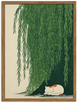 Japanese Cat Wall Art, Cat Under Willow Tree Wall Decor Painting Japan Zen Calm by BringCharactertoYourWalls