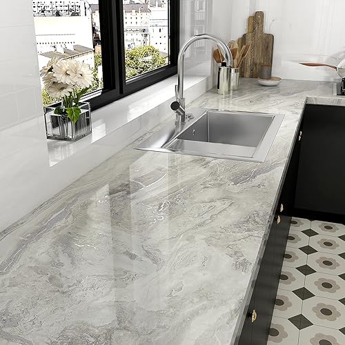 Shiny Silver/Beige Marble Contact Paper Peel and Stick Countertops Waterproof - Image 2