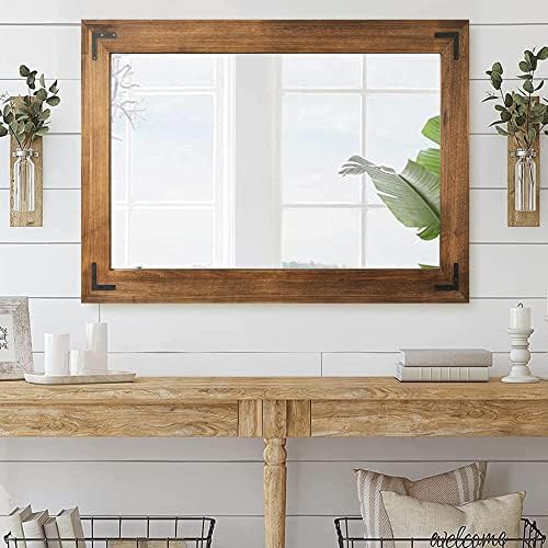 YOSHOOT Rustic Wooden Framed Wall Mirror, Natural Wood Bathroom Vanity Mirror - Image 5