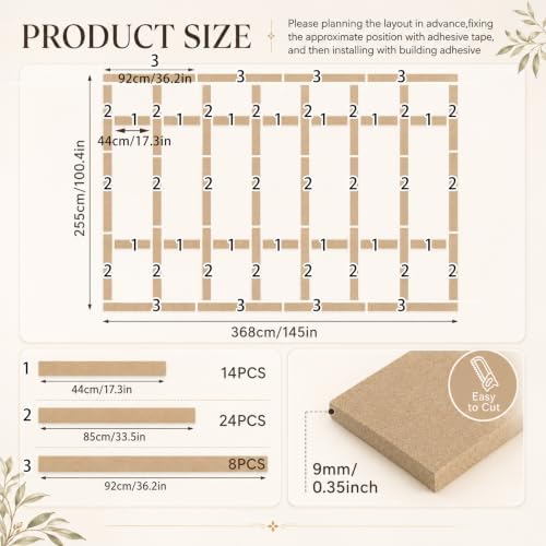 Nuanchu 145" x 100" MDF Premade Board and Batten Paintable Wainscoting Kit - Image 2