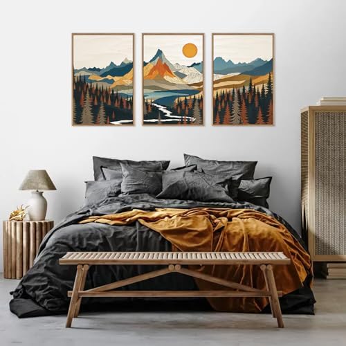 HLNIUC Large Sunset Mountain Framed Wall Art, Boho Forest Pine Tree Canvas Wall - Image 5
