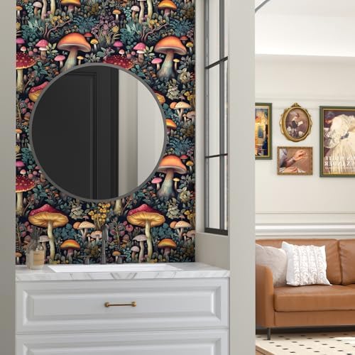 BOKEBEVE Mushoroom Wallpaper Peel and Stick Boho Black Red 17.5 x787In - Image 3