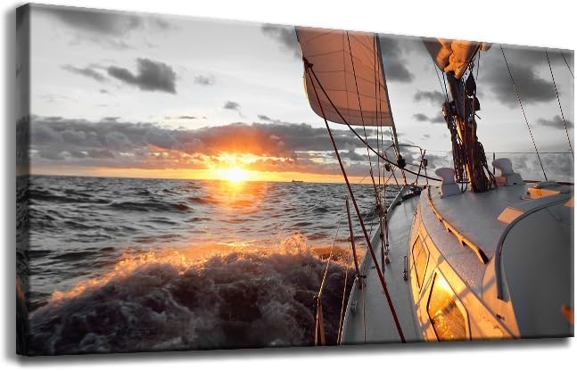 Yxbhhym Coastal Wall Art Black and White Sunset Boat Beach Painting Large by CanvasWallArtHomeDecor