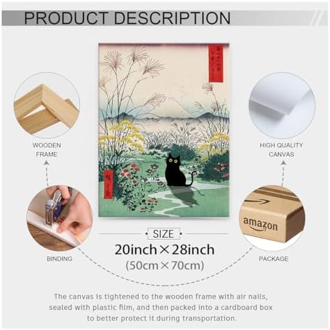 Framed Canvas Wall Art Posters Funny Japanese Black Cat Poster Modern Ukiyo-e - Image 2