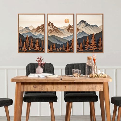 HLNIUC Boho Woodcut Mountain Framed Canvas Wall Art, Large Sun Forest Wall Decor - Image 5