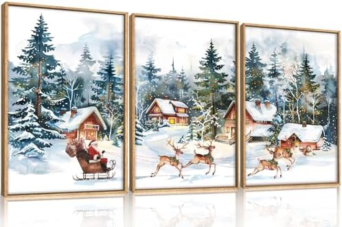 Christmas Santa Sleigh Deer Framed Canvas Wall Art Set -24"x36"x3 by Ausril